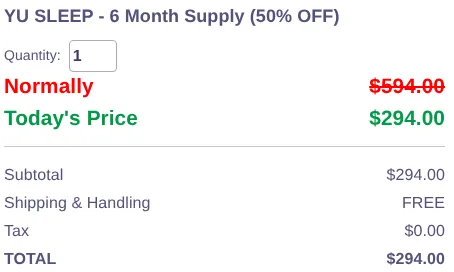 Yu Sleep 6-month (6-bottle) order summary at checkout, October 12, 2026